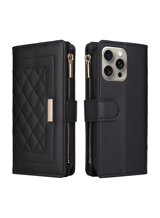 اس-توب جراب هاتف iPhone 15 Pro Max Crossbody بسحاب ومحفظة من الجلد على شكل معين - Image 3