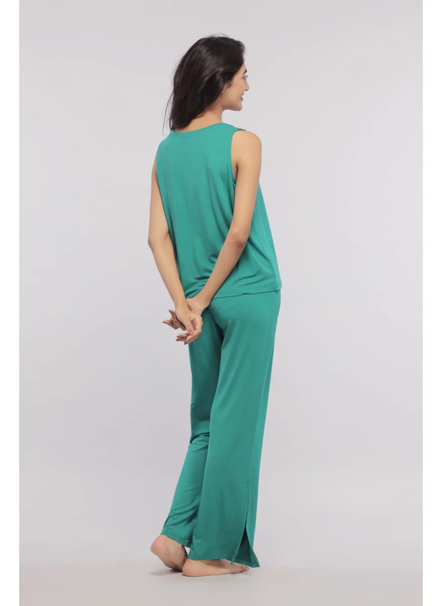 NeceSera Green Flared Lounge Pants with Side Slits