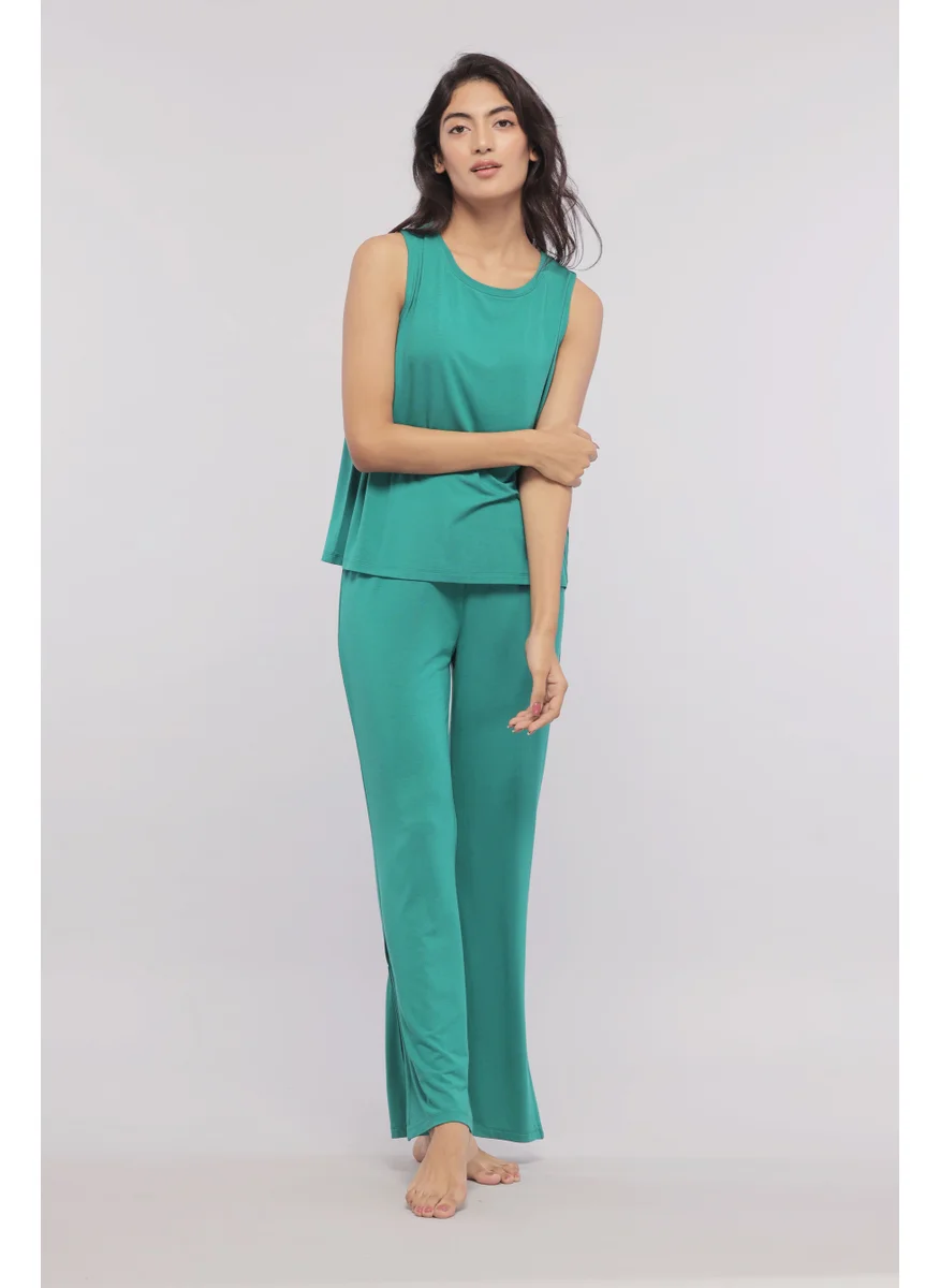 NeceSera Green Flared Lounge Pants with Side Slits