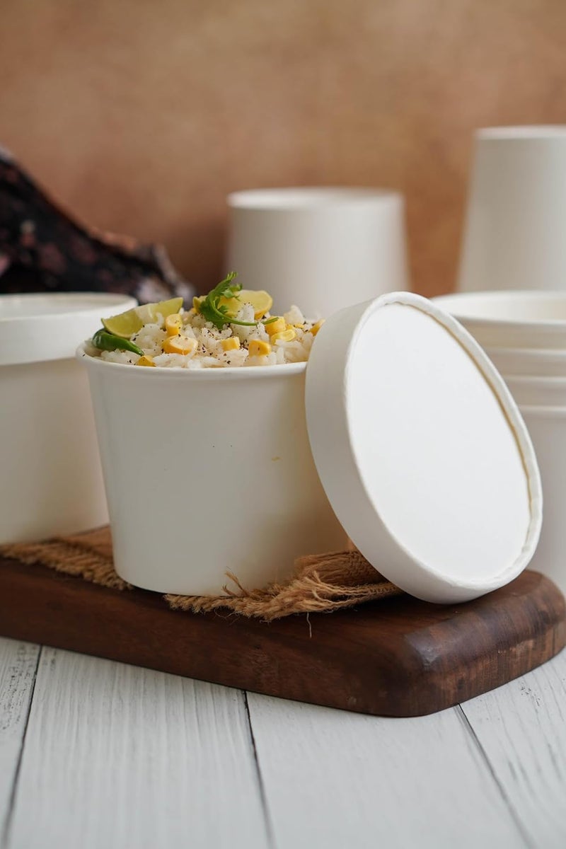PARICOTT 500ml Paper Food Container BowlTub with LidPaper BowlPaper Container with Paper Lids Pack Of 25pcs White - Image 3
