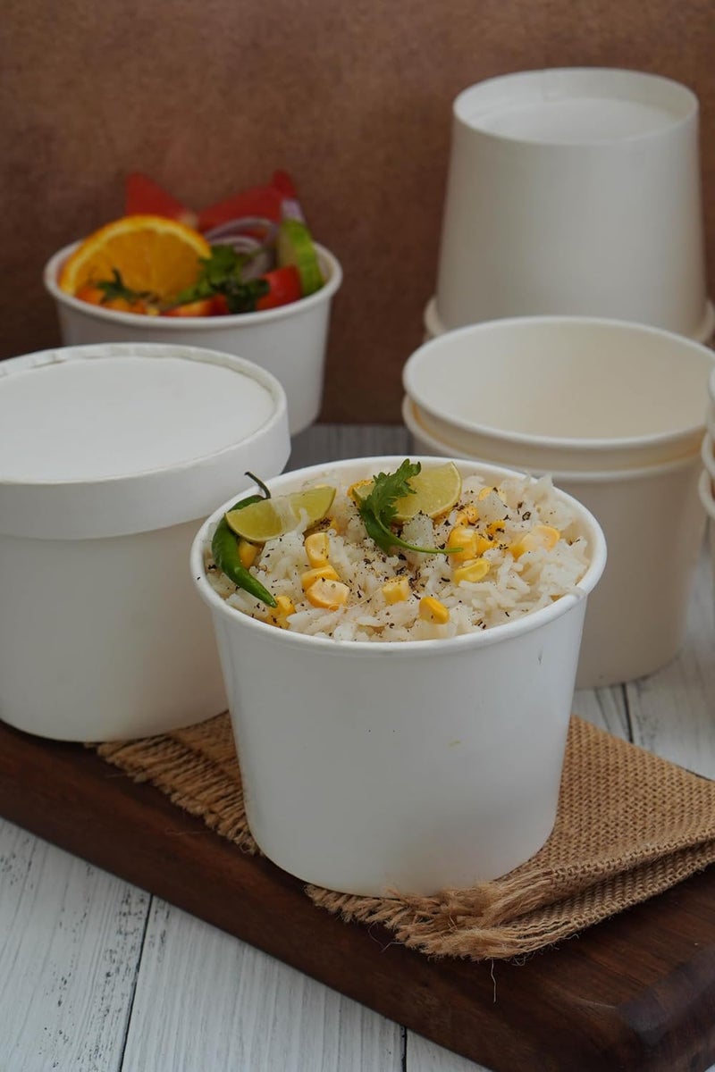 PARICOTT 500ml Paper Food Container BowlTub with LidPaper BowlPaper Container with Paper Lids Pack Of 25pcs White - Image 5
