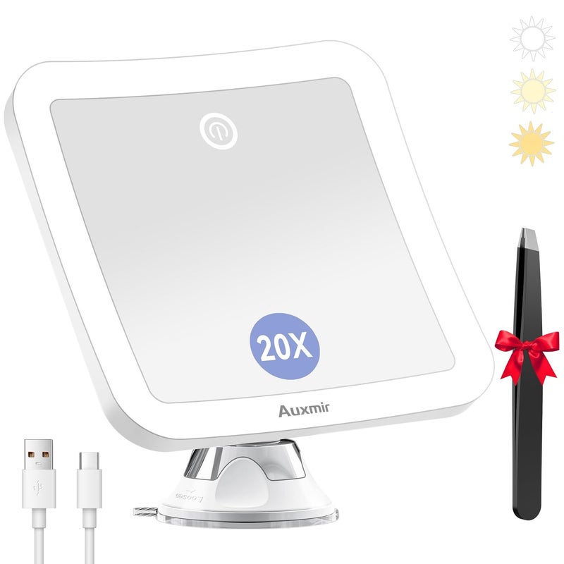 Auxmir Magnifying Mirror with Light 20X Magnifying Lighted Makeup Mirror with Powerful Suction Cup and Tweezers 360 Rotating 2000 mAh Rechargeable 3 Light Colors for Shaving Bathroom Travel