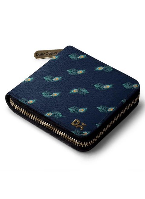 DailyObjects Navy Feathers Women's Zip Wallet | Made with Leather Material | Carefully Handcrafted | Holds up to 8 Cards | Slim and Easy to Fit in Pocket | Coin Pocket with Button Closure