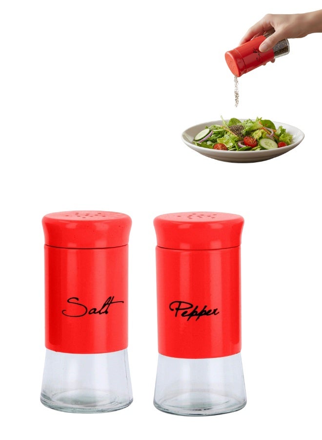 طقم ملح وفلفل من قطعتين مع غطاء للتخزين | علب توابل عملية لحفظ التوابل طازجة للاستخدام اليومي في المطبخ - لون أحمر جذاب - Image 1