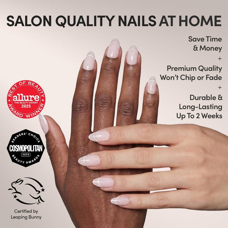 Glamnetic Press On Nails - Heavenly | Semi-Transparent Neutral Nude Trendy French Tip Short Almond Fake Nails, Reusable | 15 Sizes - 30 Nail Kit Occasional & permanent usable - Image 2