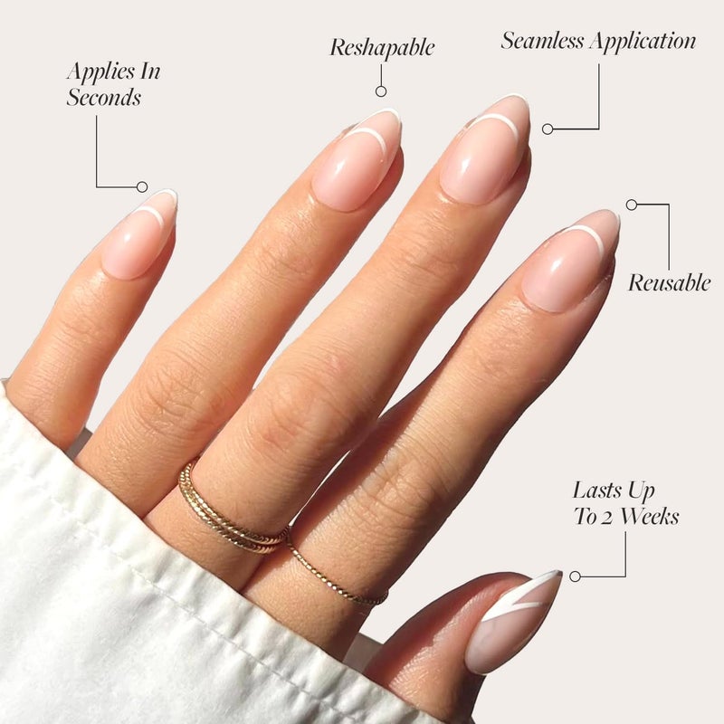 Glamnetic Press On Nails - Heavenly | Semi-Transparent Neutral Nude Trendy French Tip Short Almond Fake Nails, Reusable | 15 Sizes - 30 Nail Kit Occasional & permanent usable - Image 3