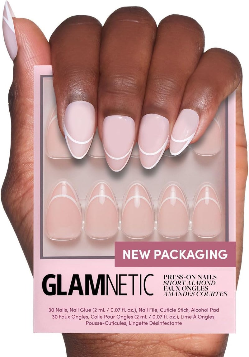 Glamnetic Press On Nails - Heavenly | Semi-Transparent Neutral Nude Trendy French Tip Short Almond Fake Nails, Reusable | 15 Sizes - 30 Nail Kit Occasional & permanent usable - Image 1