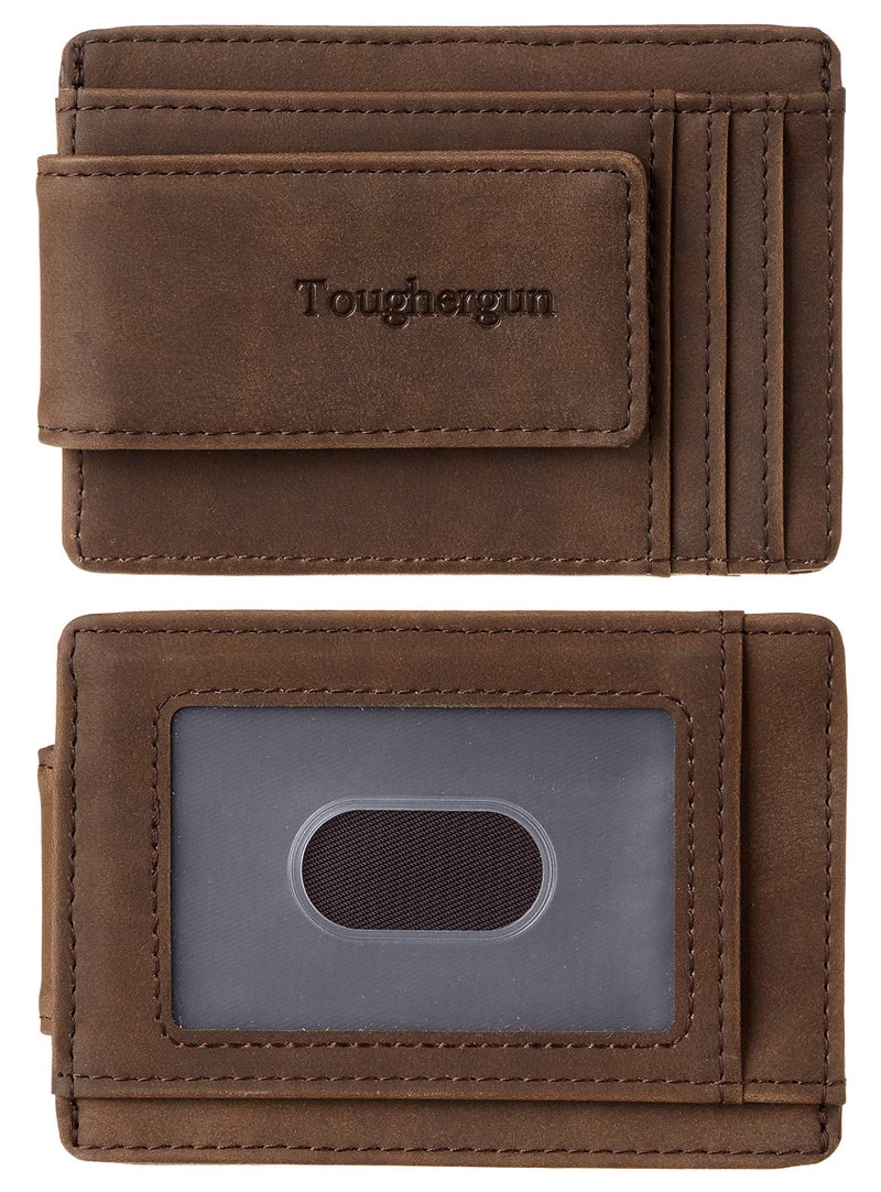 Toughergun Toughergun Genuine Leather Magnetic Front Pocket Money Clip Wallet RFID Blocking(Coffee)  - Image 1