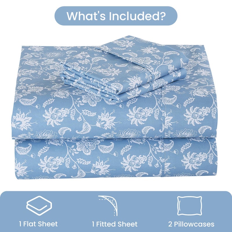 Mooreeke Cozy Vintage Microfiber Printed King Sheet Set - Soft & Breathable Percale Blue Paisley Bed Sheets with Extra Deep Pocket - Non-Slip Fitted Design - Blue Flower Pattern - King - Image 2