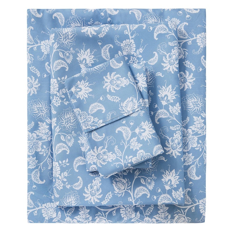 Mooreeke Cozy Vintage Microfiber Printed King Sheet Set - Soft & Breathable Percale Blue Paisley Bed Sheets with Extra Deep Pocket - Non-Slip Fitted Design - Blue Flower Pattern - King - Image 1