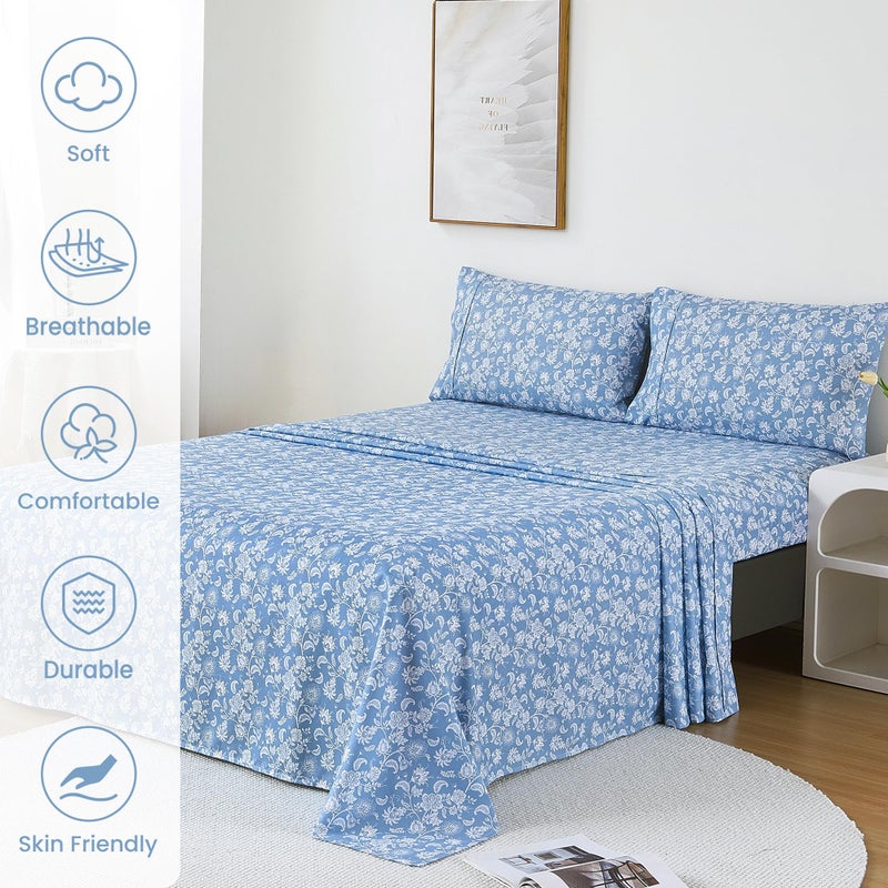Mooreeke Cozy Vintage Microfiber Printed King Sheet Set - Soft & Breathable Percale Blue Paisley Bed Sheets with Extra Deep Pocket - Non-Slip Fitted Design - Blue Flower Pattern - King - Image 3