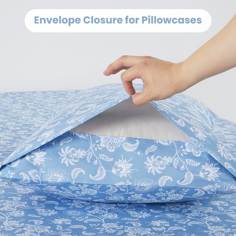 Mooreeke Cozy Vintage Microfiber Printed King Sheet Set - Soft & Breathable Percale Blue Paisley Bed Sheets with Extra Deep Pocket - Non-Slip Fitted Design - Blue Flower Pattern - King - Image 4