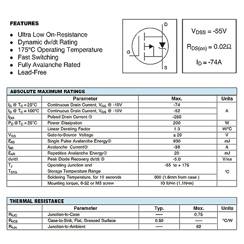 ALLECIN IRF4905 IRF4905P MOSFET Transistors 55V 74A IRF4905PBF P-Channel Power Mosfets Transistor 55 Volt 74 Amp TO-220 (Pack of 10Pcs) - Image 3