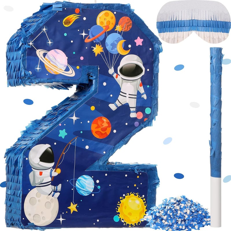 Jexine Jexine 3 Pcs 16 Outer Space Number 2 Piata Plastic Solar System Number Two Piata with Blindfold Bat Confetti for Boy Outer Space Theme 2nd Birthday Celebration Party Supplies  - Image 1
