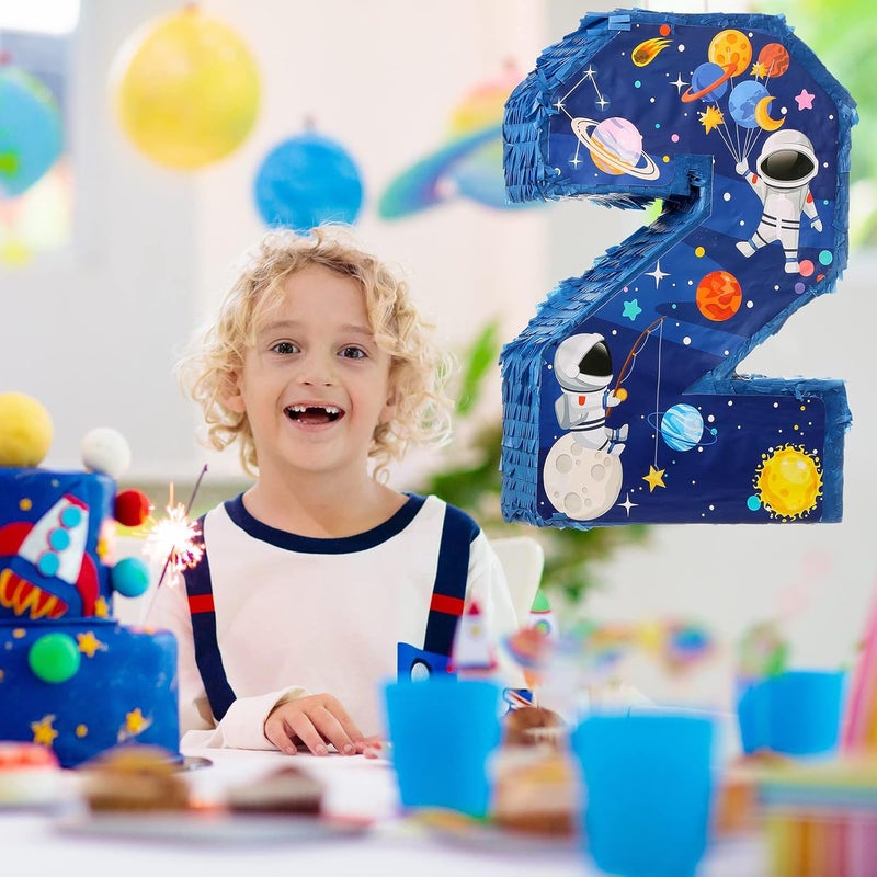 Jexine Jexine 3 Pcs 16 Outer Space Number 2 Piata Plastic Solar System Number Two Piata with Blindfold Bat Confetti for Boy Outer Space Theme 2nd Birthday Celebration Party Supplies  - Image 3