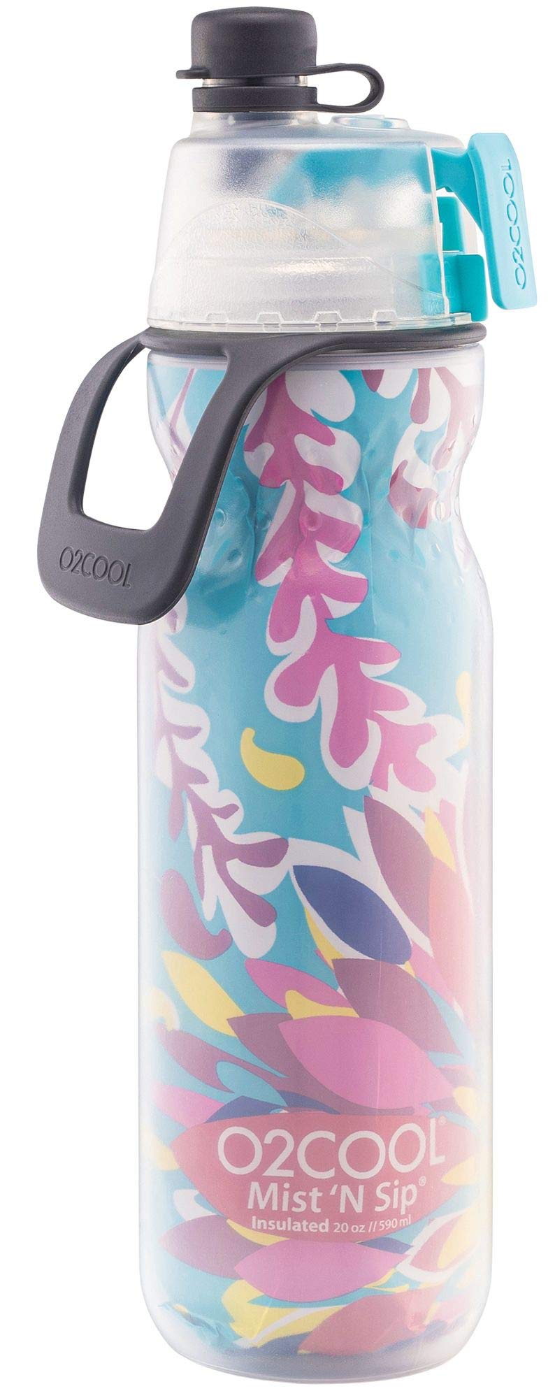 O2COOL Arctic Squeeze Insulated Mist 'N Sip Water Bottle | 2 Pack- 20 oz | BPA Free, 2-in-1 Mist and Sip Function w/No Leak Pull Top Spout (Ras Ombre/Tropical) - Image 3
