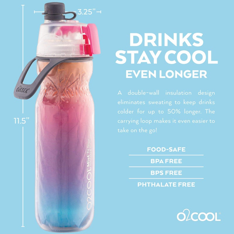O2COOL Arctic Squeeze Insulated Mist 'N Sip Water Bottle | 2 Pack- 20 oz | BPA Free, 2-in-1 Mist and Sip Function w/No Leak Pull Top Spout (Ras Ombre/Tropical) - Image 5