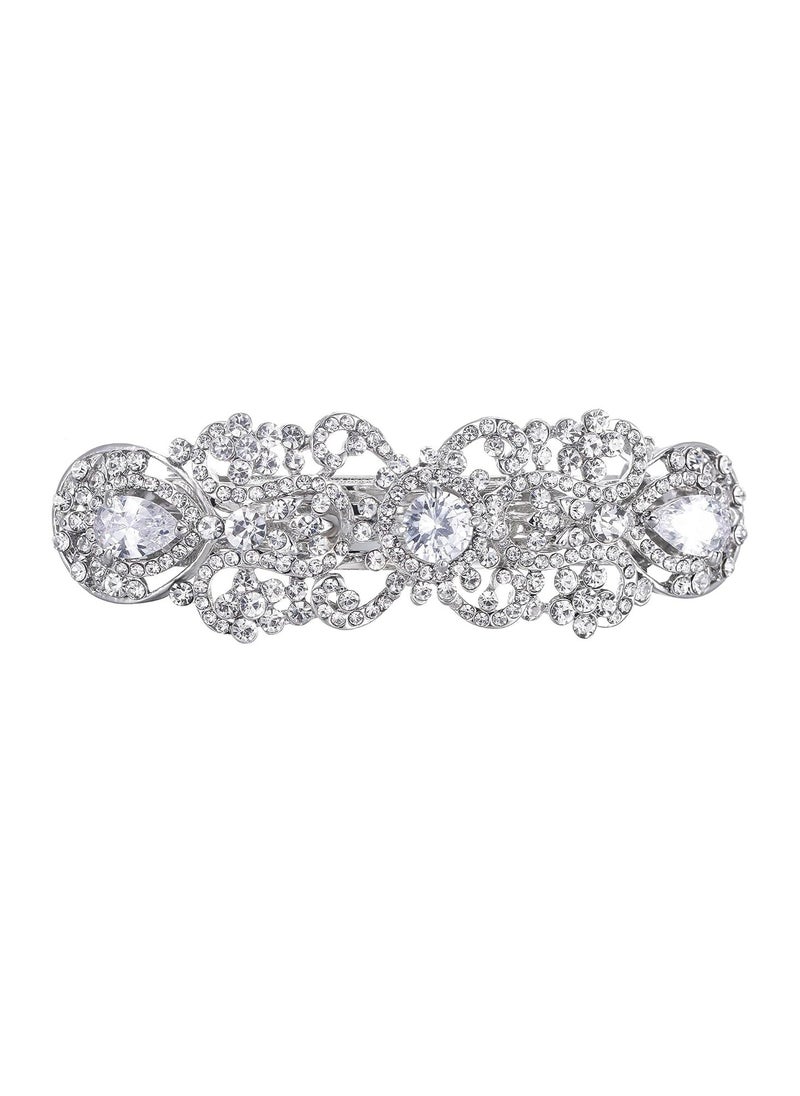 EVER FAITH - EVER FAITH Silver-Tone Austrian Crystal CZ Art Deco Flower Tear Drop Hair Barrette Clip Clear - Image 1