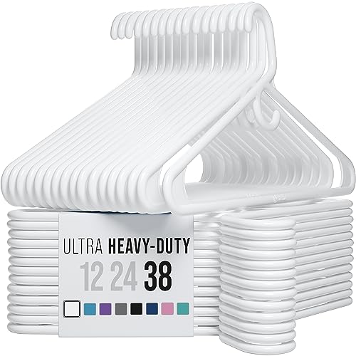 NEATERIZE Thick Heavy Duty Hangers - White Plastic Clothes Hangers 38 Pack - Great for Coat Hanger, Jackets Jeans & Suit Hanger for Closet - New Apartment Essentials Percheros Ganchos para Colgar Ropa - Image 1