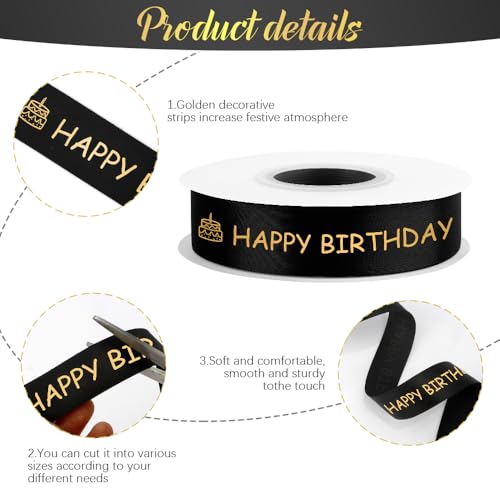 STARKET 25 Yards Happy Birthday Ribbon for Flower Bouquet Black 1 Inch Black Ribbon for Gift Wrapping Birthday Ribbons with Gold Printed for Decor Bow for Cake - Image 3