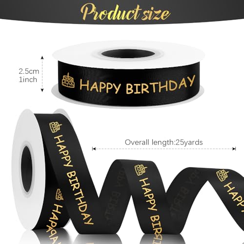 STARKET 25 Yards Happy Birthday Ribbon for Flower Bouquet Black 1 Inch Black Ribbon for Gift Wrapping Birthday Ribbons with Gold Printed for Decor Bow for Cake - Image 2