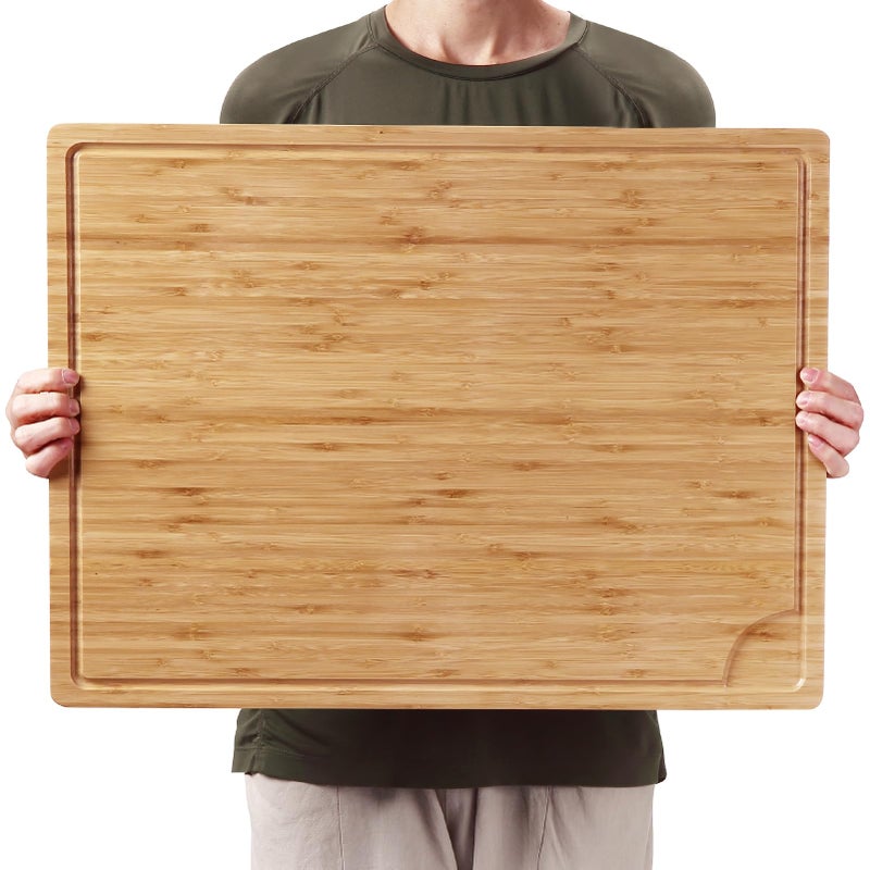 24 x 18 Bamboo Cutting Board Large Kitchen Chopping Board for Meat Butcher Block Cutting Board Carving Board with Handle and Juice Groove for Turkey Meat Vegetables BBQ