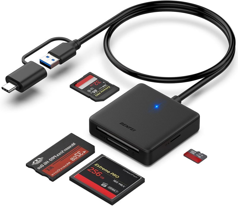 Benfei Memory Card Reader, 4in1 USB 3.0 and USB-C to SD Micro SD MS CF Card Reader Adapter, 4 Cards Simultaneously Read and Write, Compatible with iPhone 15 Series, MacBook Pro/Air 2023, and More - Image 1