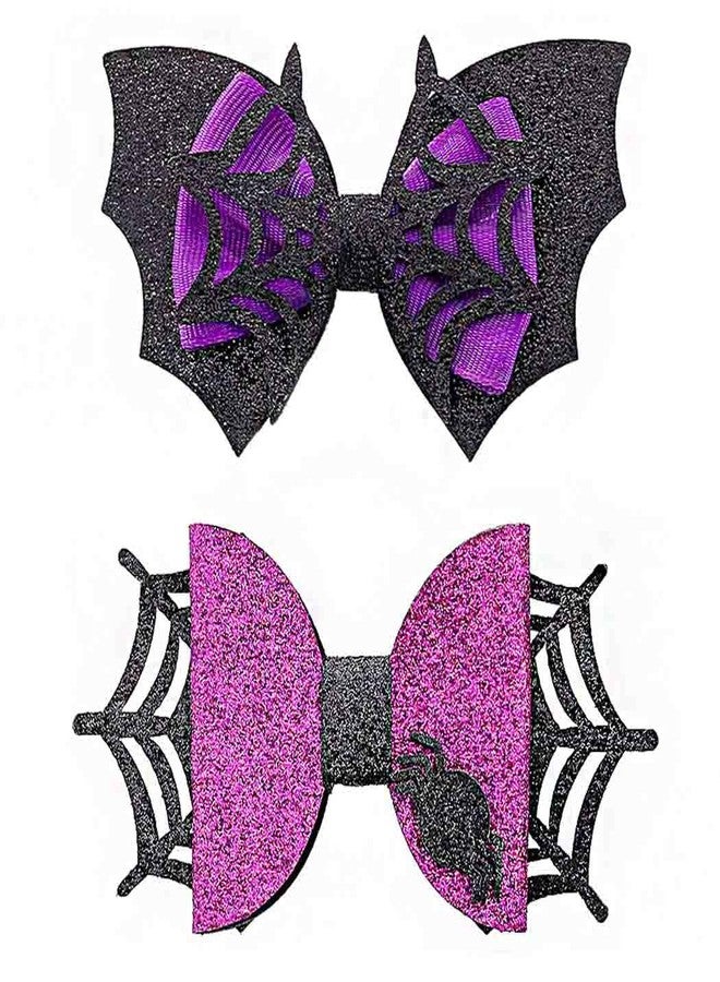 Outyua Halloween Hair Clips Spider Web Bat Hair Clip Halloween Black Purple Bow Hair Clip Hair Accessories for Women 2PCS - Image 1