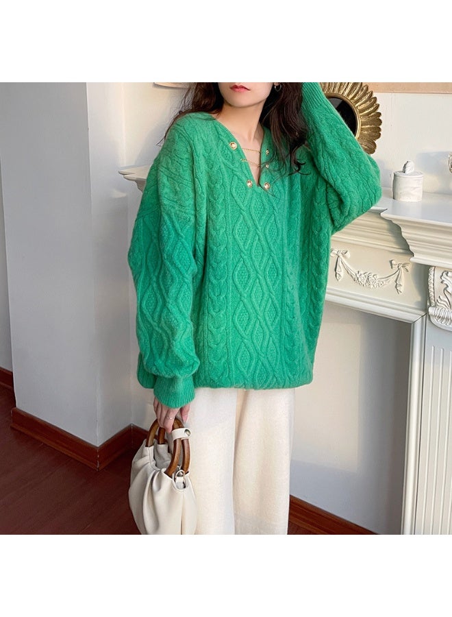 NIBEMINENT Korean Women Long Sleeves Pullover Knitted Lazy Wind Female V-Neck Loose Knit Autumn Winter Ladies Medium Long Styles Sweater - Image 2