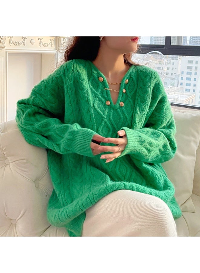 NIBEMINENT Korean Women Long Sleeves Pullover Knitted Lazy Wind Female V-Neck Loose Knit Autumn Winter Ladies Medium Long Styles Sweater - Image 1