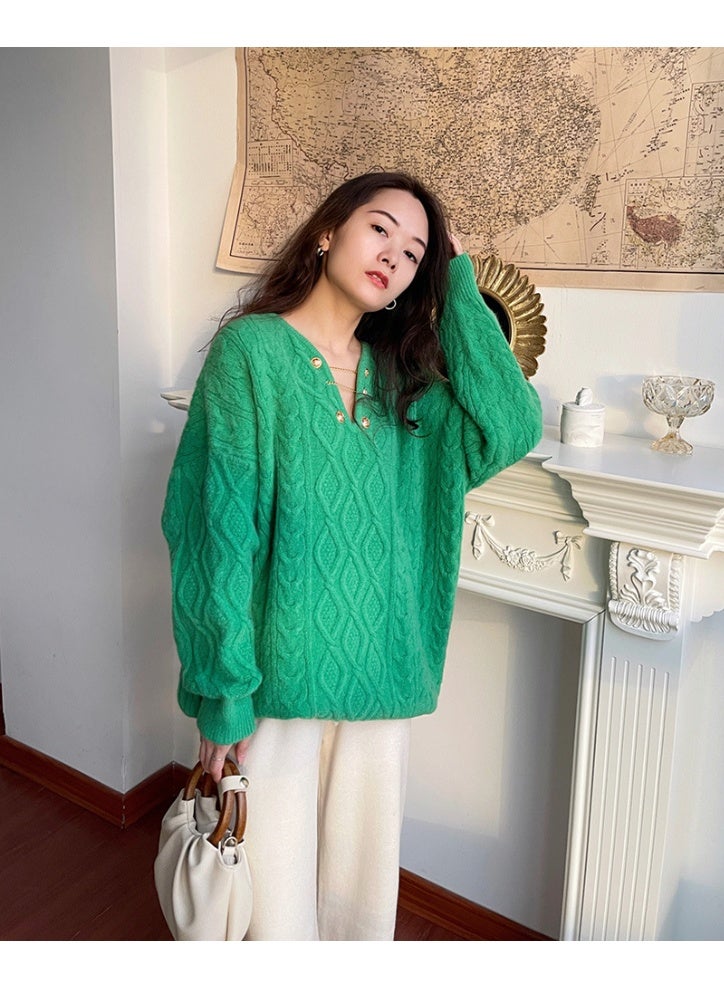 NIBEMINENT Korean Women Long Sleeves Pullover Knitted Lazy Wind Female V-Neck Loose Knit Autumn Winter Ladies Medium Long Styles Sweater - Image 3