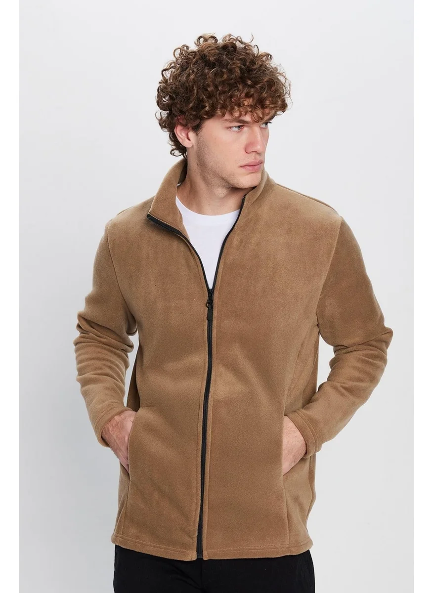 Tudors Unisex Khaki Anti-pilling Non-pilling Standard Fit Full Zipper Cold Proof Fleece Cardigan