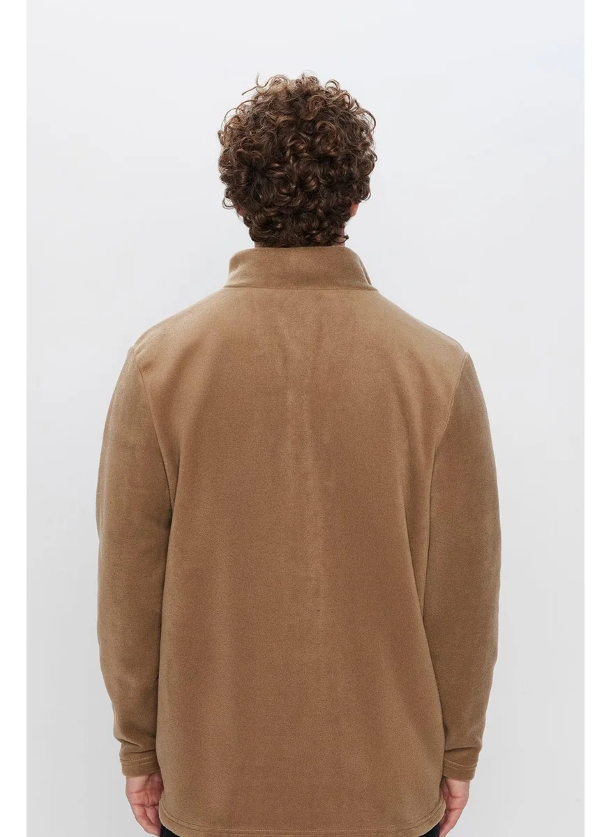 Tudors Unisex Khaki Anti-pilling Non-pilling Standard Fit Full Zipper Cold Proof Fleece Cardigan
