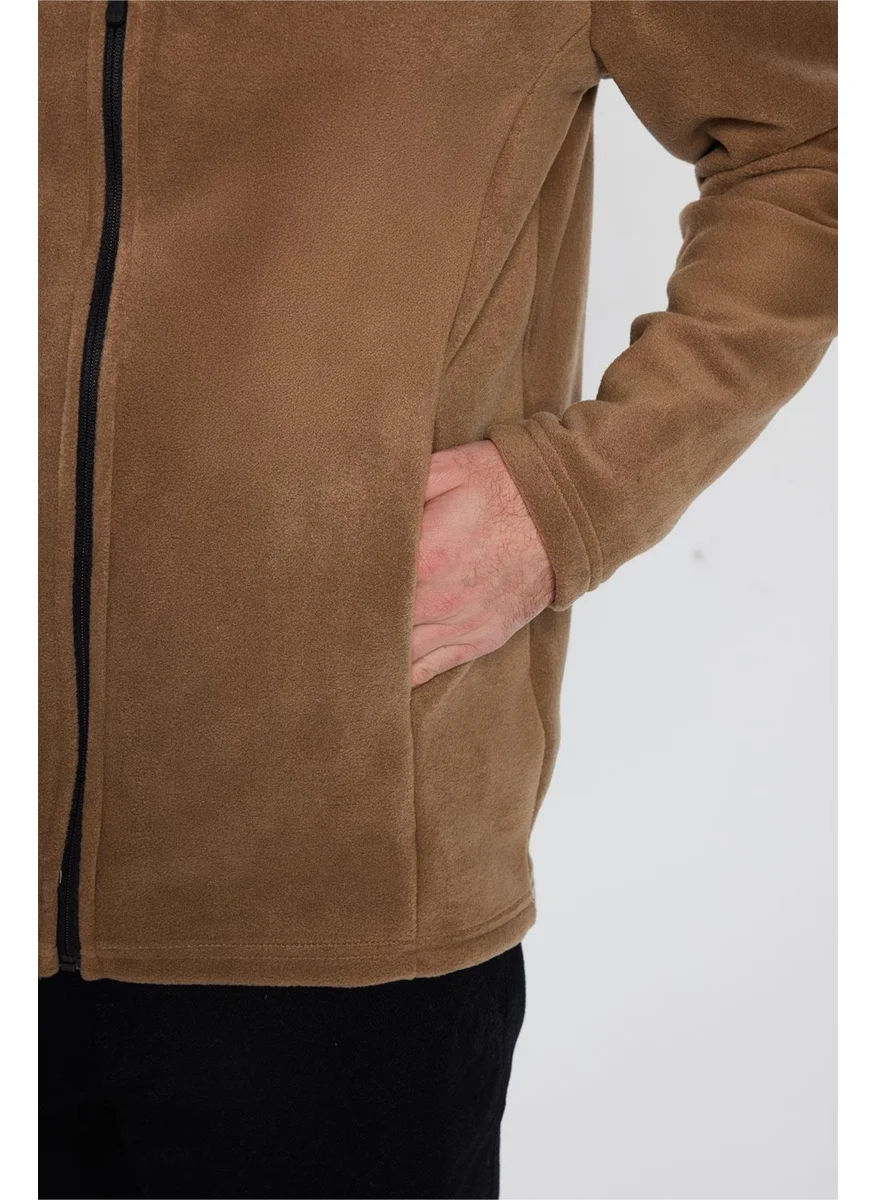 Tudors Unisex Khaki Anti-pilling Non-pilling Standard Fit Full Zipper Cold Proof Fleece Cardigan