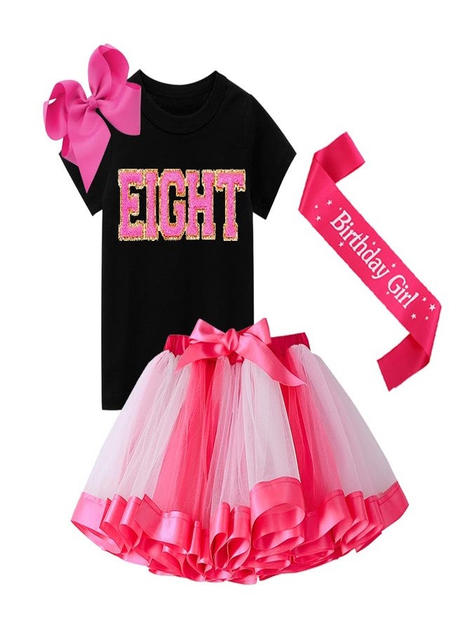D.O.T Girls Birthday Outfits Shirt Tutu Skirts Set Hair Bow Sash Clothes Set Toddler Baby 2nd 3rd 4th 5th 6th 7th 8th (BLack On EIGHT, 8Years) - Image 1