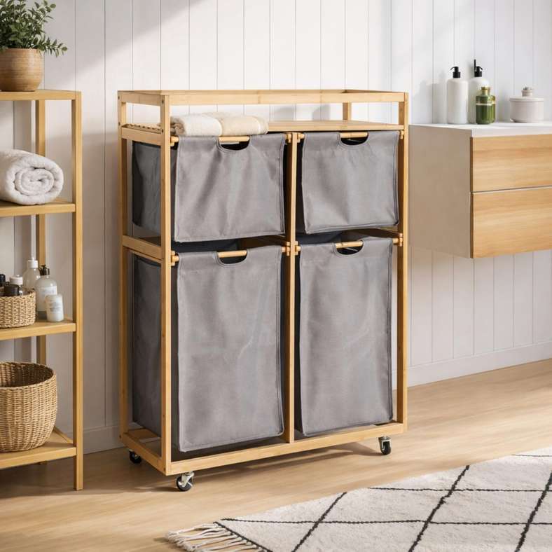 Pan Home Elliot Bamboo Frame Laundry Hamper - Grey - Image 1