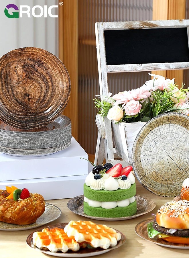 جرويك 80 قطعة من أطباق ورقية بنقشة الخشب مقاس 7 بوصات، طبق شرائح خشبي ريفي، طبق عشاء دائري للاستخدام مرة واحدة للغابات، لوازم حفلات استقبال المولود وأعياد الميلاد + 1 قطعة  من مفرش المائدة فاتح اللون مقاس 137*274 سم - Image 4