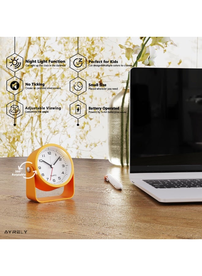 ساعة منبه تناظرية صغيرة مقاس 3.5 بوصة، ساعة مكتب تعمل بالبطارية، ساعة طاولة لطيفة مع إضاءة، زاوية قابلة للتعديل للسفر، بجانب السرير، غرفة النوم، الأطفال، ديكور غرفة المعيشة (برتقالي) - Image 2