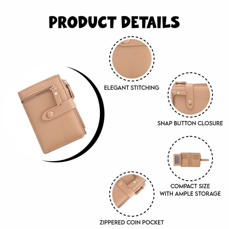 Elios Women's Wallet Vegan Leather Bifold Small Card Holder Coin Holder Compact Ladies Purse with 12 Card Slots, Zipper Pocket and RFID Blocking | Snap Closure | Mini Purse for Women (Khakhi) - Image 3