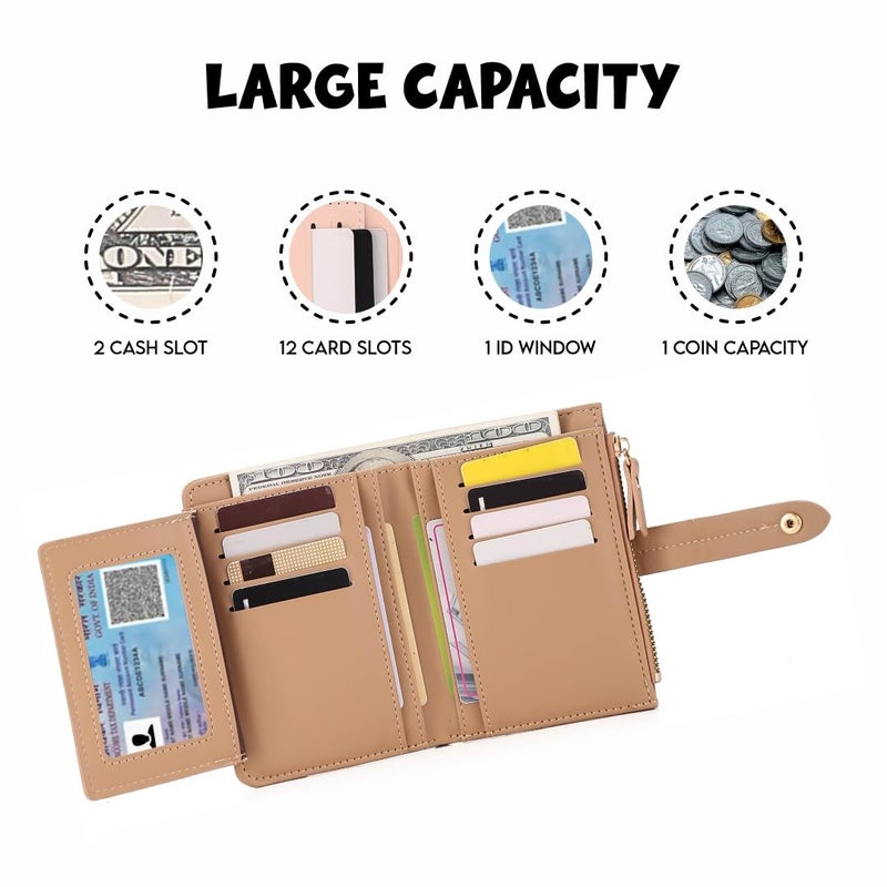 Elios Women's Wallet Vegan Leather Bifold Small Card Holder Coin Holder Compact Ladies Purse with 12 Card Slots, Zipper Pocket and RFID Blocking | Snap Closure | Mini Purse for Women (Khakhi) - Image 4