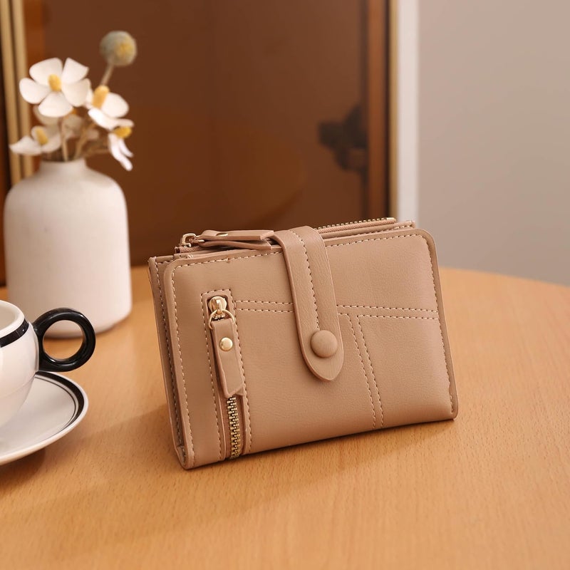 Elios Women's Wallet Vegan Leather Bifold Small Card Holder Coin Holder Compact Ladies Purse with 12 Card Slots, Zipper Pocket and RFID Blocking | Snap Closure | Mini Purse for Women (Khakhi) - Image 2