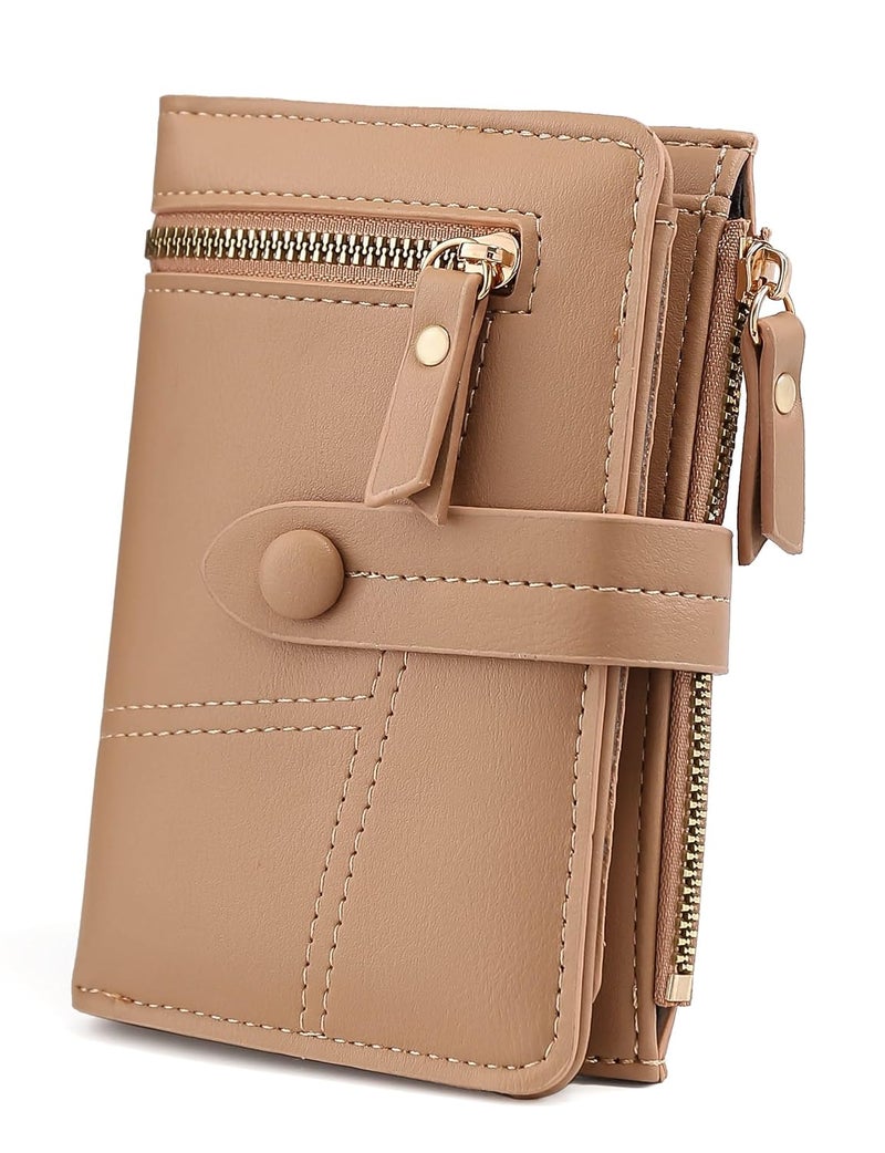Elios Women's Wallet Vegan Leather Bifold Small Card Holder Coin Holder Compact Ladies Purse with 12 Card Slots, Zipper Pocket and RFID Blocking | Snap Closure | Mini Purse for Women (Khakhi) - Image 1