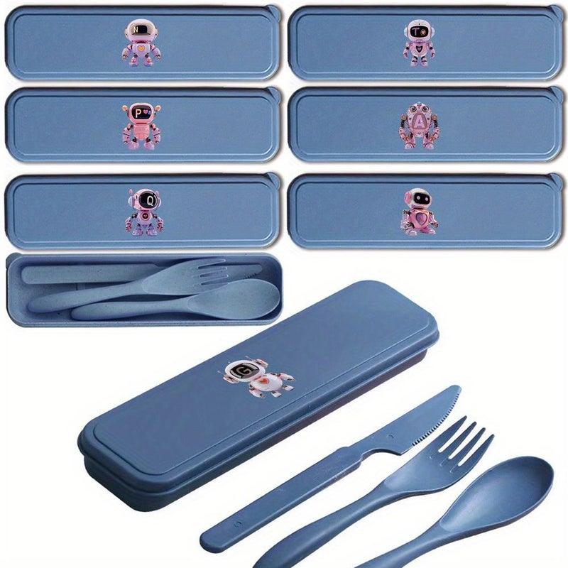 3 Piece Portable Cutlery Set With Reusable Utensils Box Travel Detachable Organizer Fold Spoon Fork Knife Robot Initial Name 26 Letters Pattern Christmas Gift Style A - Image 5