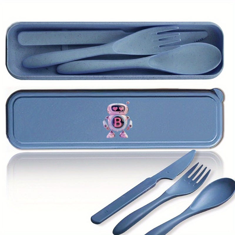 3 Piece Portable Cutlery Set With Reusable Utensils Box Travel Detachable Organizer Fold Spoon Fork Knife Robot Initial Name 26 Letters Pattern Christmas Gift Style A - Image 1