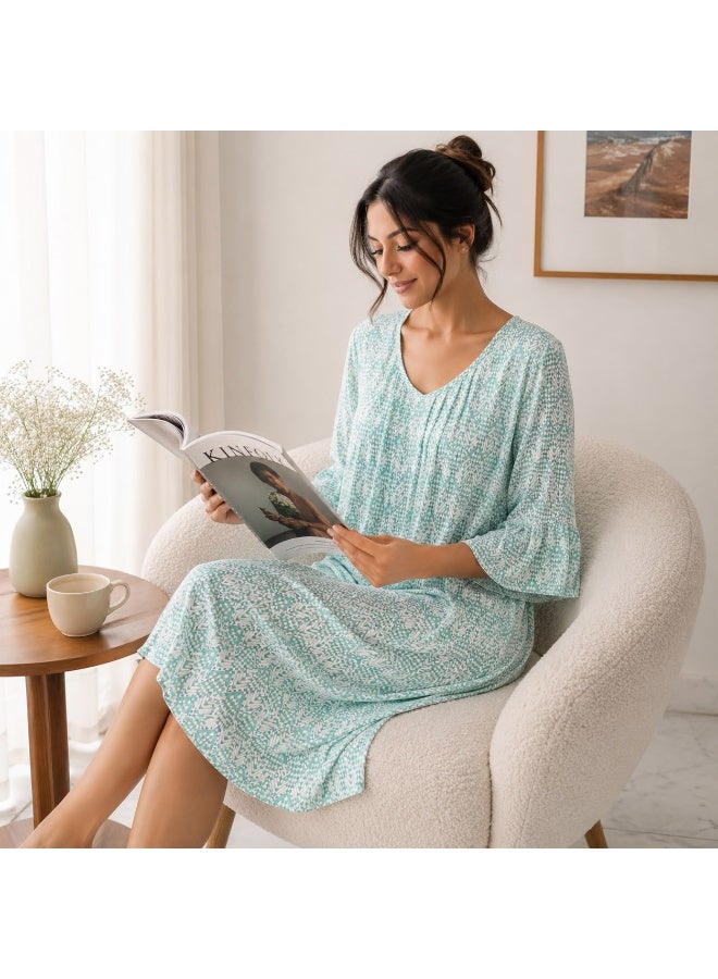 ZECOTEX Women's Chiffon V-Neck Midi Home Dress with Ruffled Three-Quarter Sleeves - Image 5