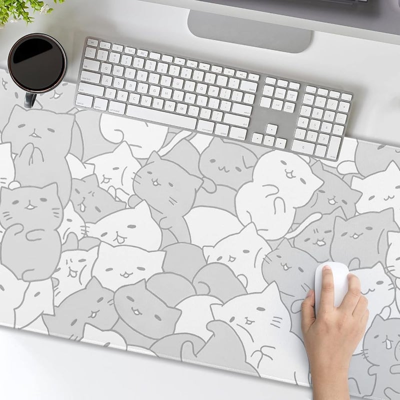 aportt Kawaii Cats White Gaming Mouse Pad XXL Cute Kittens Japanese Extended Big Large Desk Mat Non-Slip Rubber Base Stitched Edge Long Keyboard Mousepad for PC Computer Laptop,35.4×15.7 Inches - Image 5