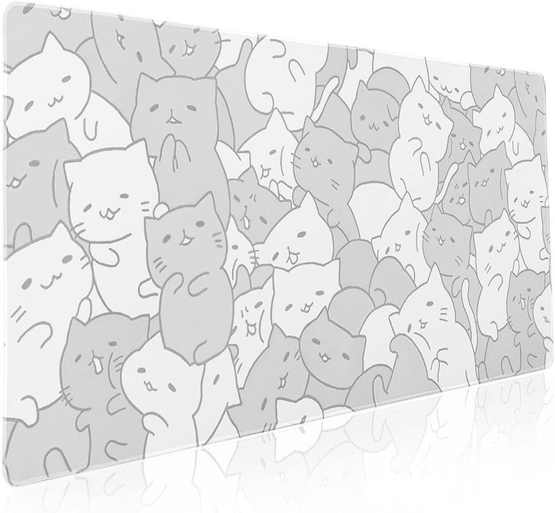 aportt Kawaii Cats White Gaming Mouse Pad XXL Cute Kittens Japanese Extended Big Large Desk Mat Non-Slip Rubber Base Stitched Edge Long Keyboard Mousepad for PC Computer Laptop,35.4×15.7 Inches - Image 1