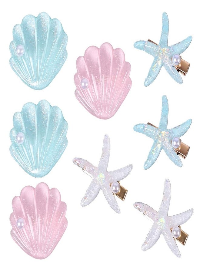 OMOBANU 8Pcs Mermaid & Beach Hair Clips Set for Women - Starfish, Seashell, Pearl Hair Accessories Acrylic Resin Clips for Women Bridal Wedding, Mermaid Costume or Summer Beach Party (3 Colors) - Image 1