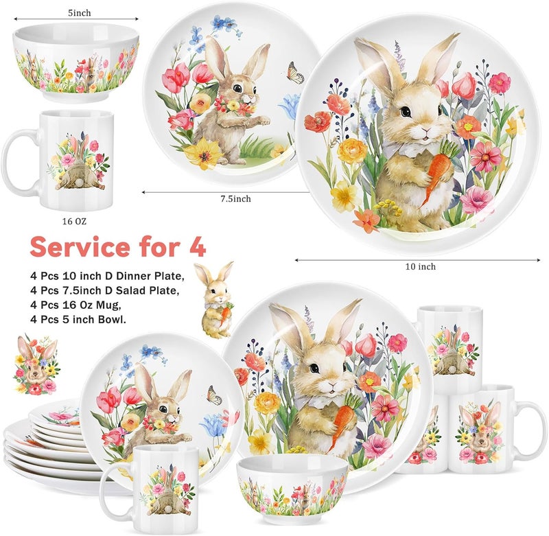 Zhehao مجموعة أدوات تناول الطعام لعيد الفصح من زهاو 16 قطعة - سيراميك - أطباق أرنب مزهرة تشمل طبق عشاء 10 بوصة وطبق سلطة 7 بوصة ووعاء حبوب 5 بوصة وكوب قهوة 16 أونصة لـ 4 ضيوف لعيد الفصح وعشاء الربيع - Image 2