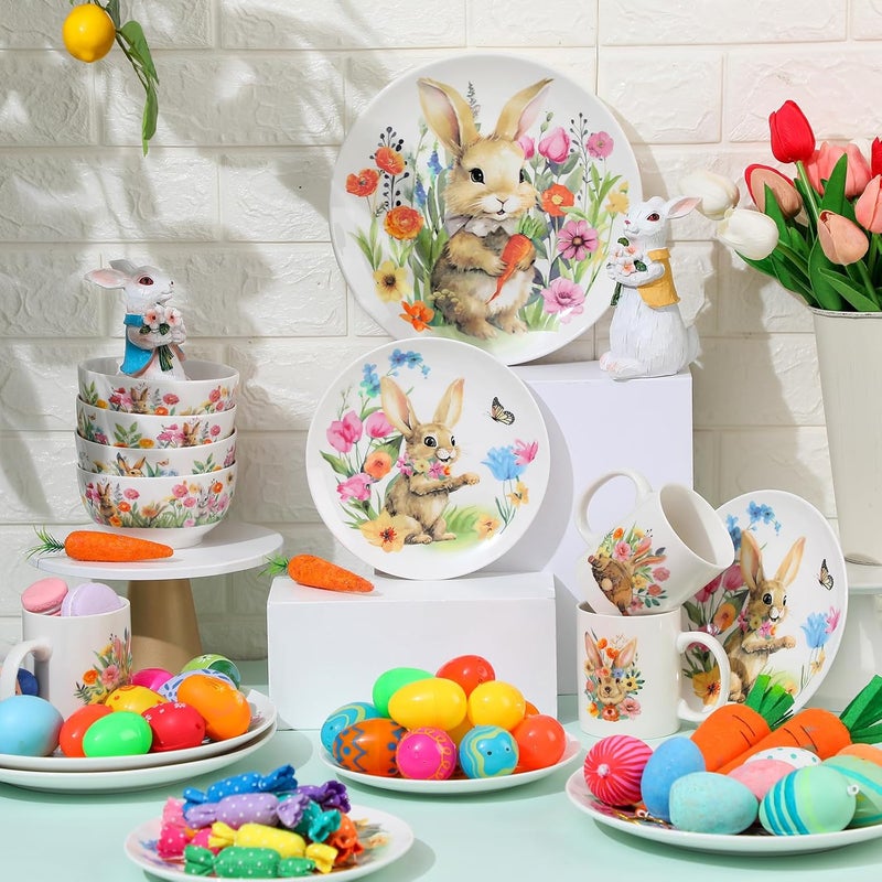 Zhehao مجموعة أدوات تناول الطعام لعيد الفصح من زهاو 16 قطعة - سيراميك - أطباق أرنب مزهرة تشمل طبق عشاء 10 بوصة وطبق سلطة 7 بوصة ووعاء حبوب 5 بوصة وكوب قهوة 16 أونصة لـ 4 ضيوف لعيد الفصح وعشاء الربيع - Image 4